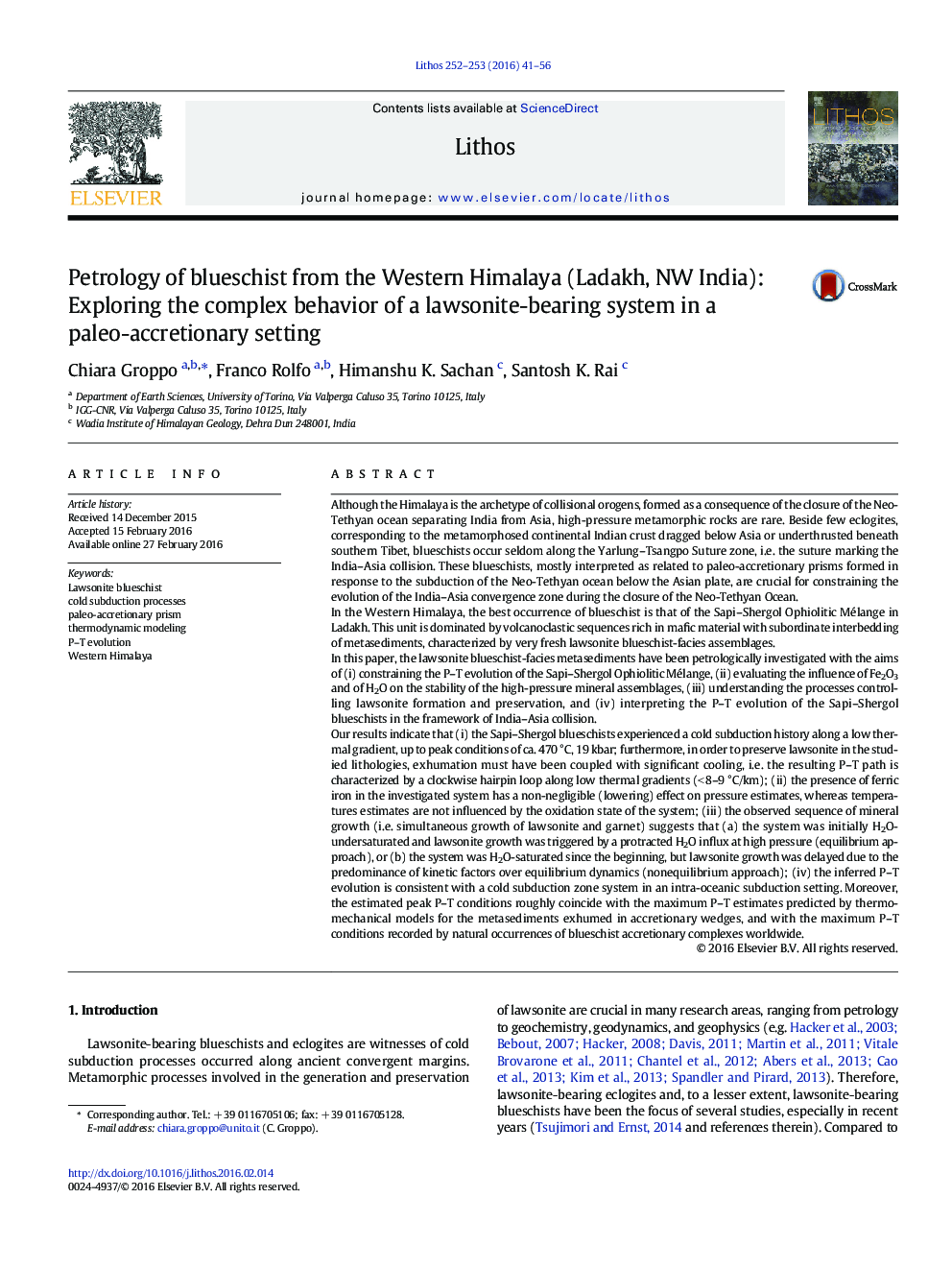 Petrology of blueschist from the Western Himalaya (Ladakh, NW India): Exploring the complex behavior of a lawsonite-bearing system in a paleo-accretionary setting