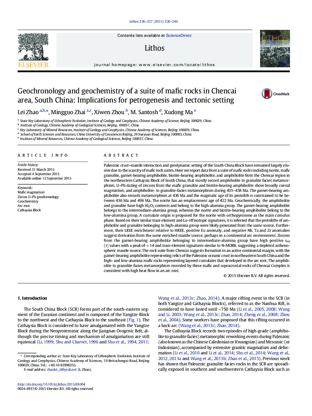 Geochronology and geochemistry of a suite of mafic rocks in Chencai area, South China: Implications for petrogenesis and tectonic setting