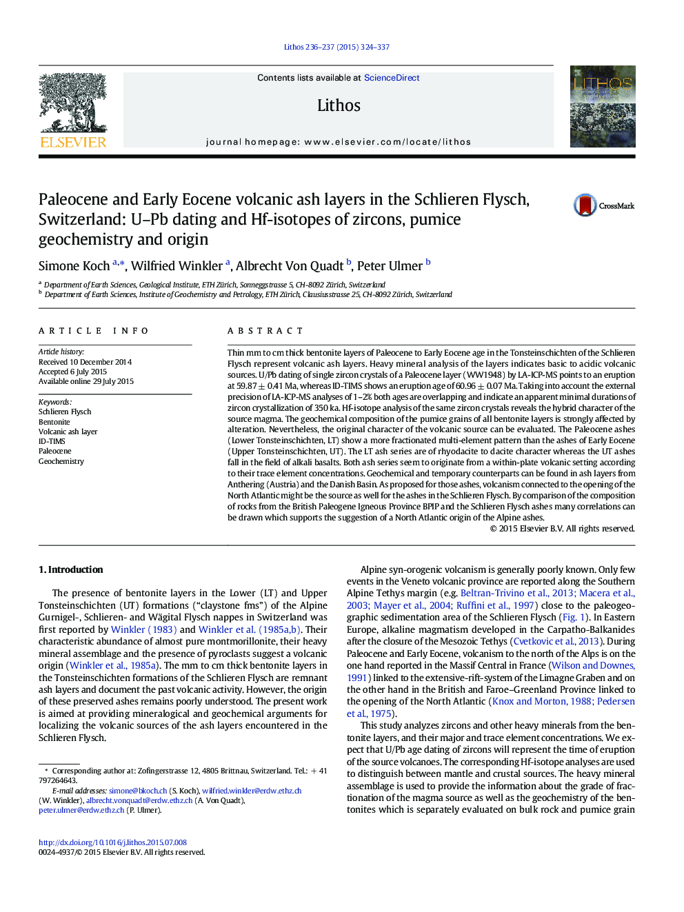 Paleocene and Early Eocene volcanic ash layers in the Schlieren Flysch, Switzerland: U–Pb dating and Hf-isotopes of zircons, pumice geochemistry and origin