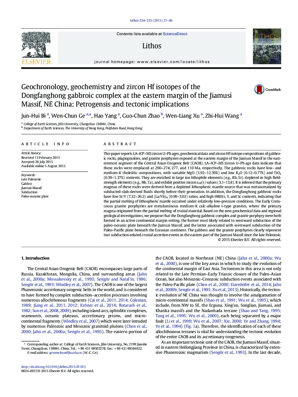 Geochronology, geochemistry and zircon Hf isotopes of the Dongfanghong gabbroic complex at the eastern margin of the Jiamusi Massif, NE China: Petrogensis and tectonic implications