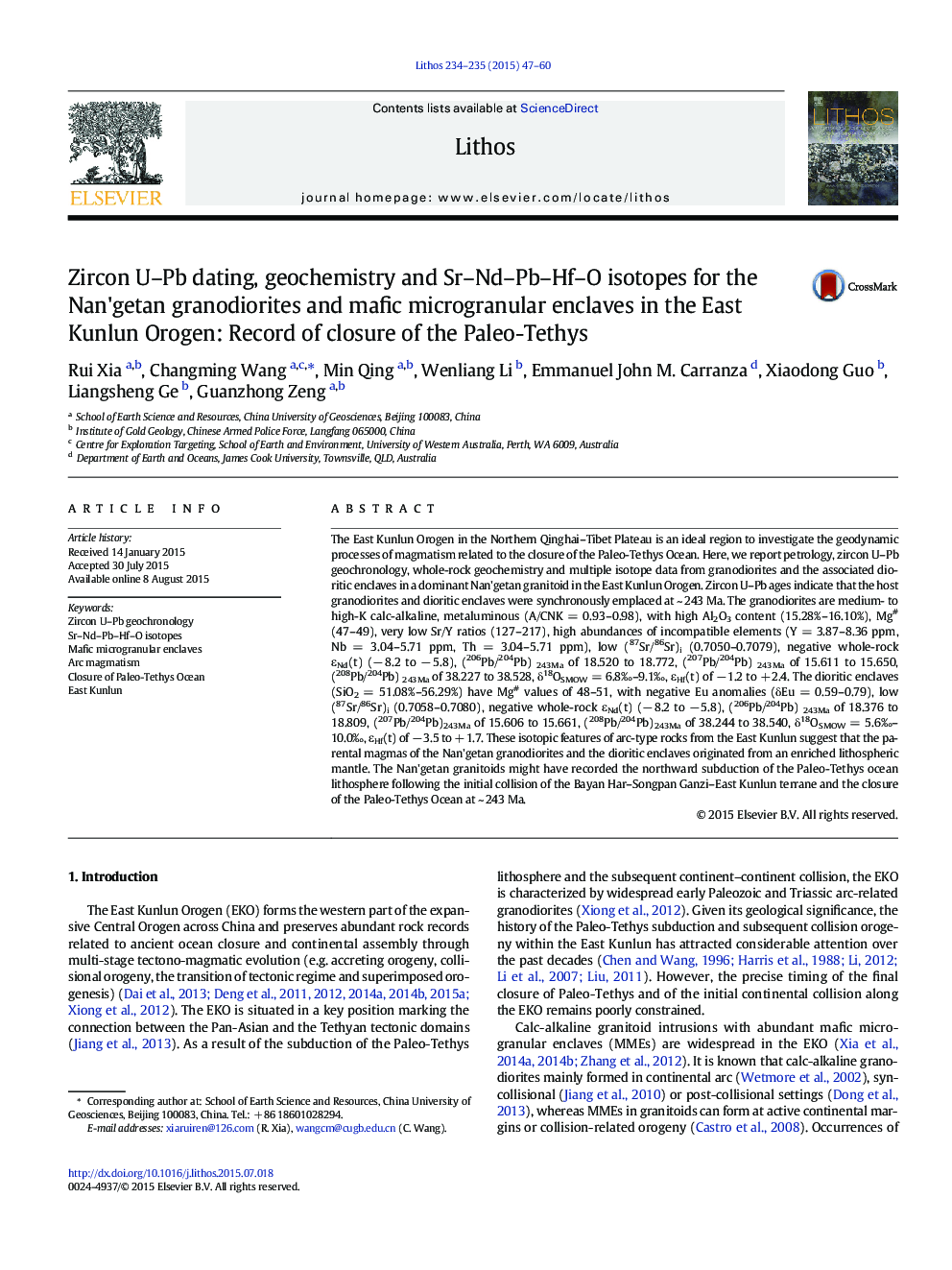 Zircon U–Pb dating, geochemistry and Sr–Nd–Pb–Hf–O isotopes for the Nan'getan granodiorites and mafic microgranular enclaves in the East Kunlun Orogen: Record of closure of the Paleo-Tethys