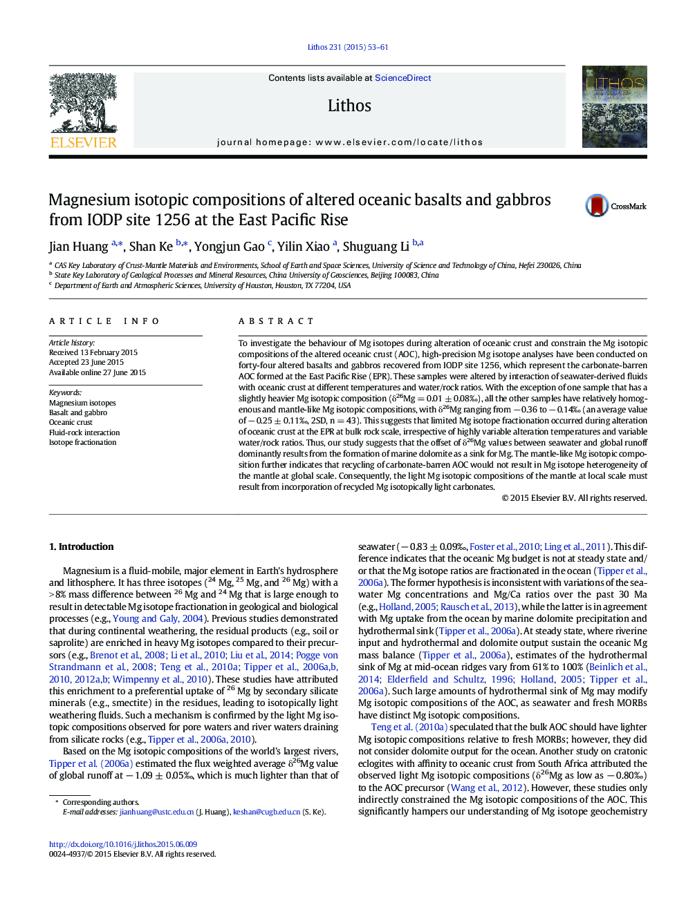 Magnesium isotopic compositions of altered oceanic basalts and gabbros from IODP site 1256 at the East Pacific Rise