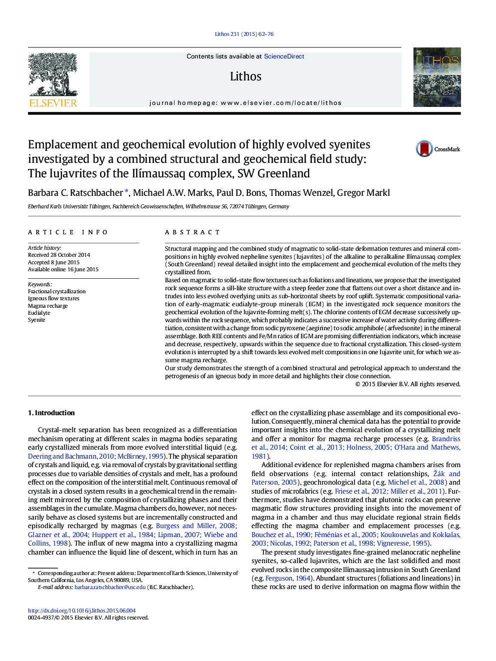 Emplacement and geochemical evolution of highly evolved syenites investigated by a combined structural and geochemical field study: The lujavrites of the Ilímaussaq complex, SW Greenland