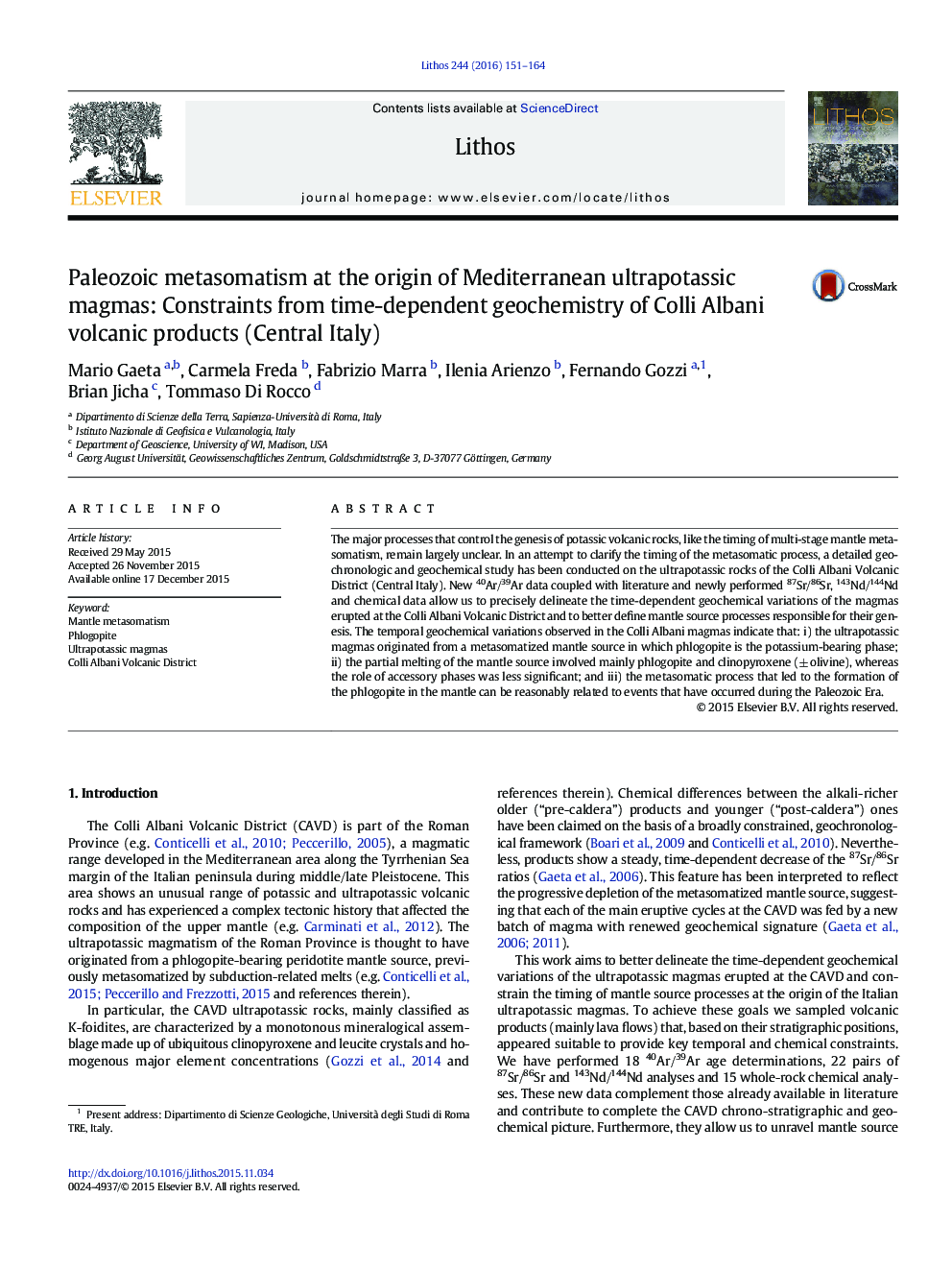 Paleozoic metasomatism at the origin of Mediterranean ultrapotassic magmas: Constraints from time-dependent geochemistry of Colli Albani volcanic products (Central Italy)