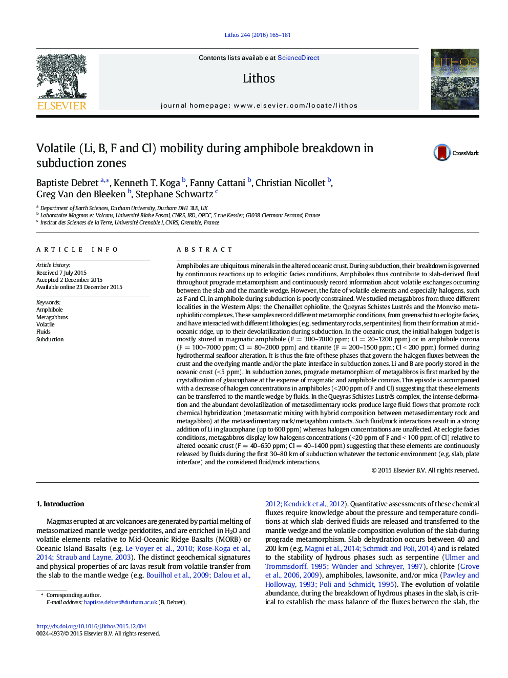 Volatile (Li, B, F and Cl) mobility during amphibole breakdown in subduction zones