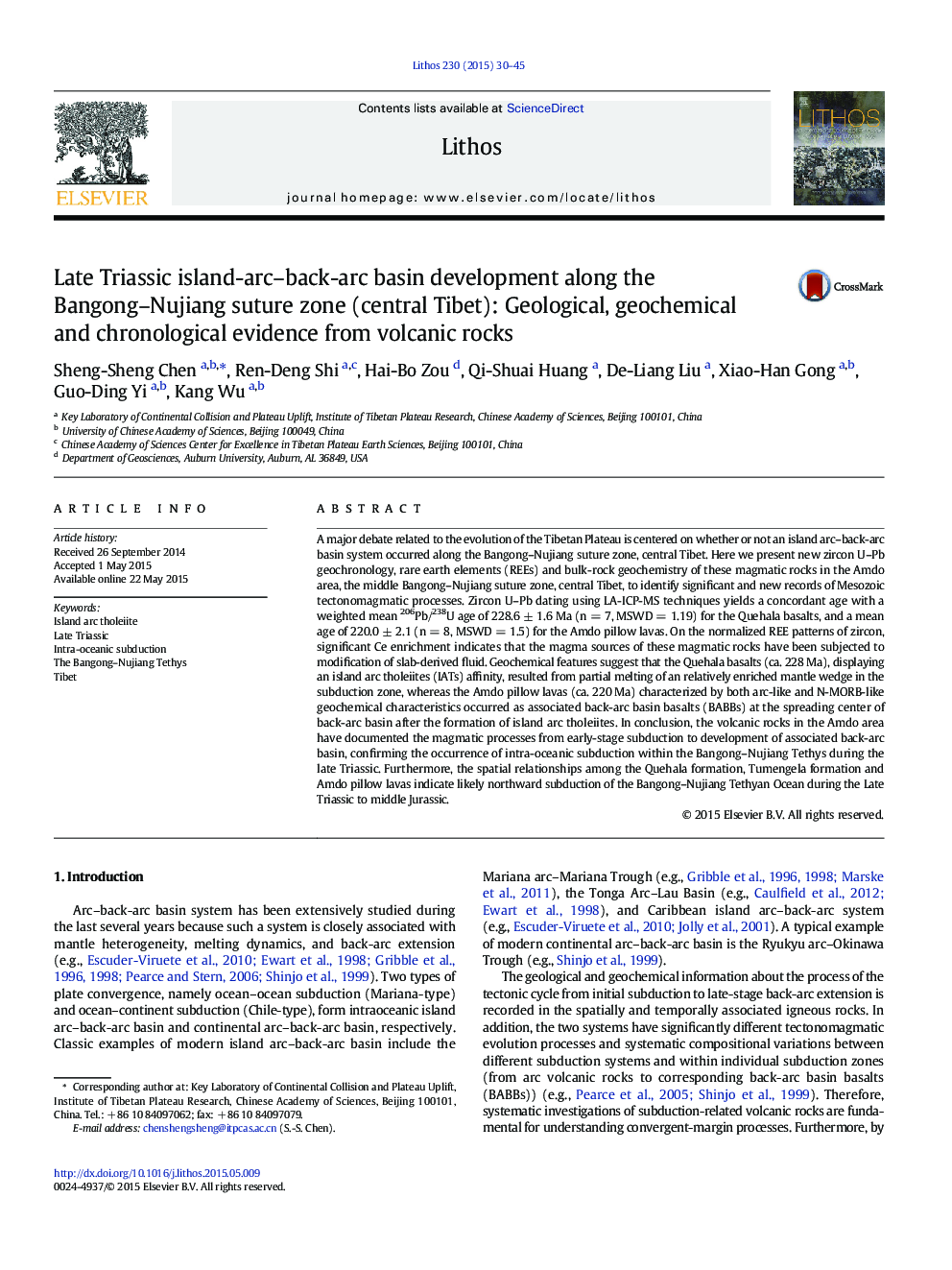 Late Triassic island-arc–back-arc basin development along the Bangong–Nujiang suture zone (central Tibet): Geological, geochemical and chronological evidence from volcanic rocks