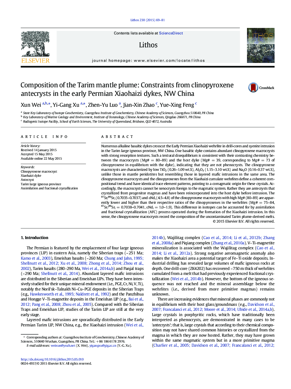 Composition of the Tarim mantle plume: Constraints from clinopyroxene antecrysts in the early Permian Xiaohaizi dykes, NW China