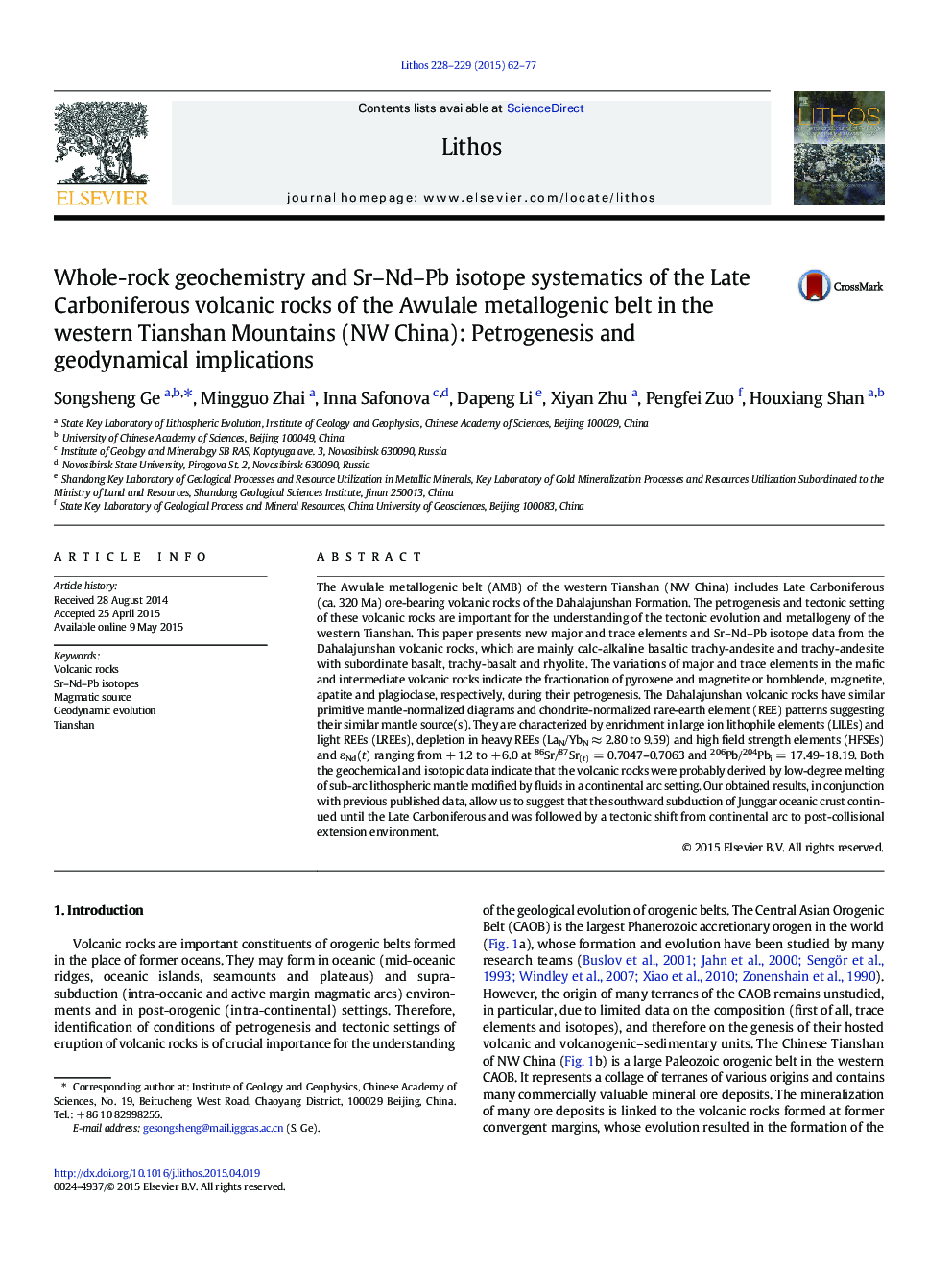 Whole-rock geochemistry and Sr–Nd–Pb isotope systematics of the Late Carboniferous volcanic rocks of the Awulale metallogenic belt in the western Tianshan Mountains (NW China): Petrogenesis and geodynamical implications