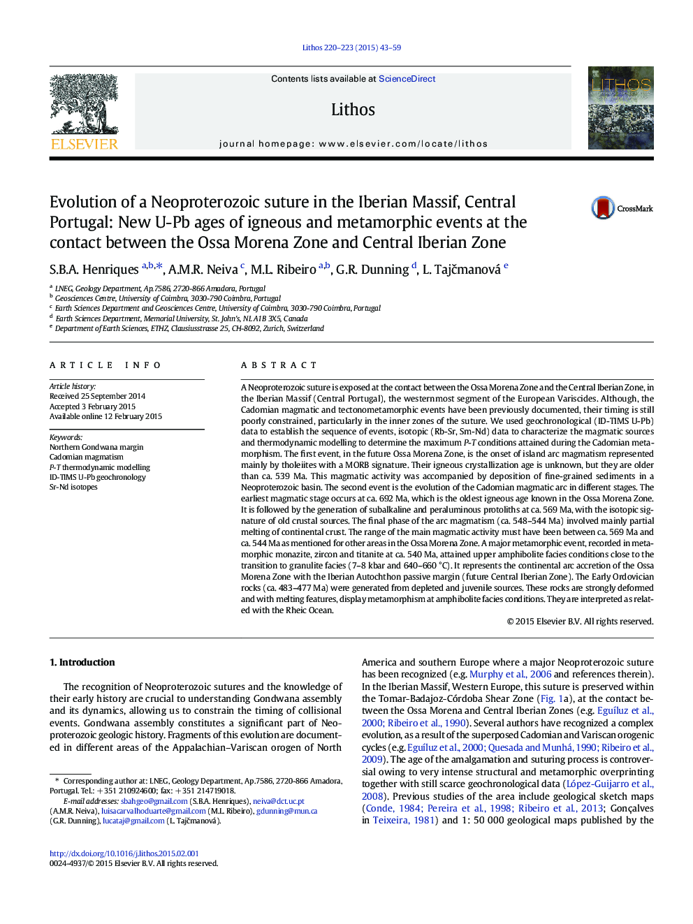 Evolution of a Neoproterozoic suture in the Iberian Massif, Central Portugal: New U-Pb ages of igneous and metamorphic events at the contact between the Ossa Morena Zone and Central Iberian Zone