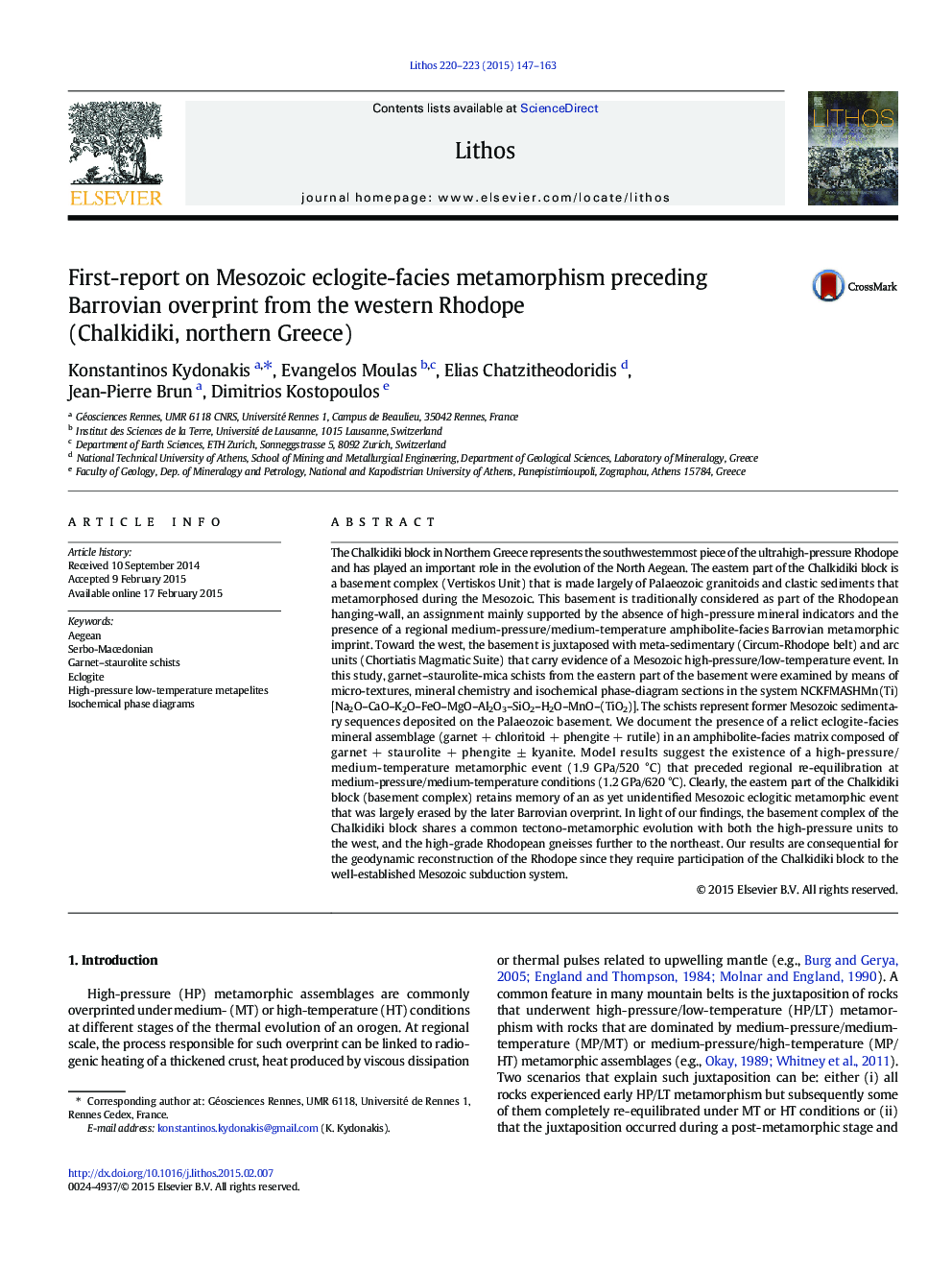 First-report on Mesozoic eclogite-facies metamorphism preceding Barrovian overprint from the western Rhodope (Chalkidiki, northern Greece)