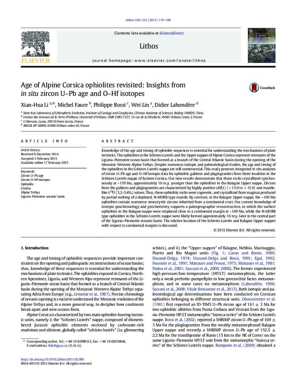 Age of Alpine Corsica ophiolites revisited: Insights from in situ zircon U–Pb age and O–Hf isotopes