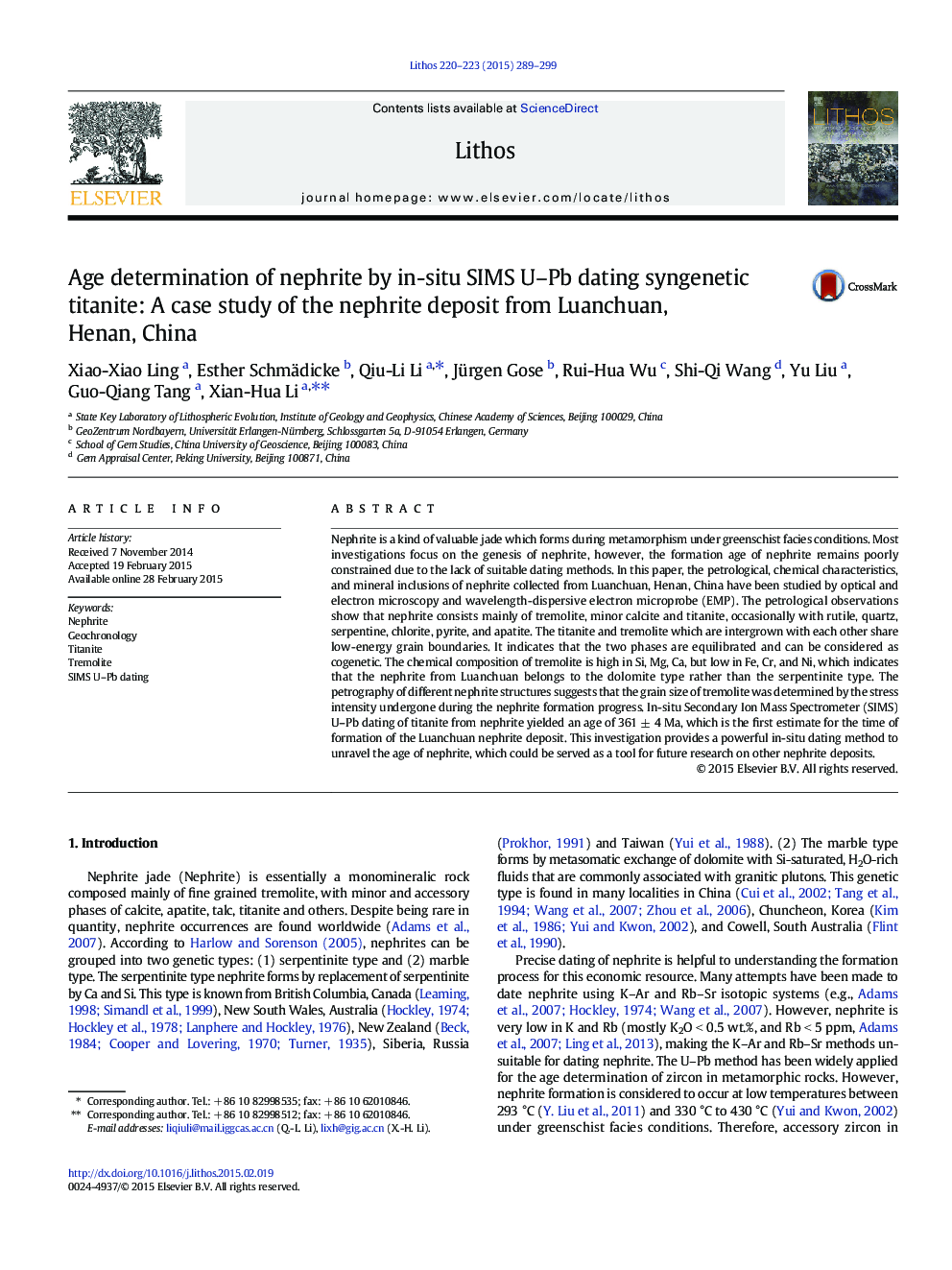 Age determination of nephrite by in-situ SIMS U–Pb dating syngenetic titanite: A case study of the nephrite deposit from Luanchuan, Henan, China