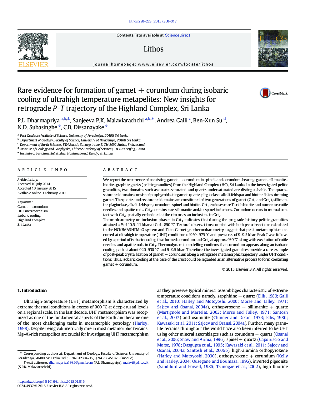 Rare evidence for formation of garnet + corundum during isobaric cooling of ultrahigh temperature metapelites: New insights for retrograde P–T trajectory of the Highland Complex, Sri Lanka