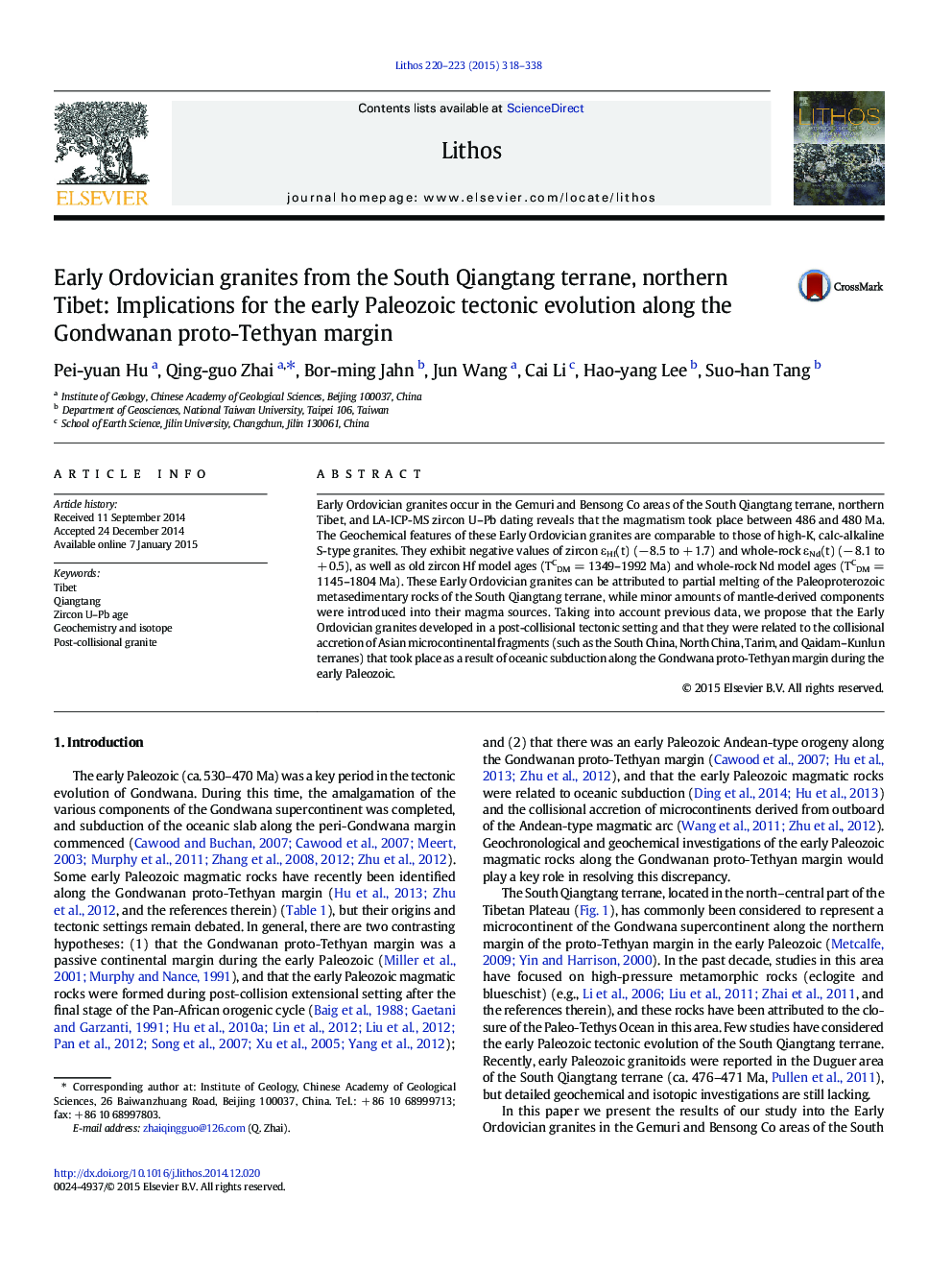 Early Ordovician granites from the South Qiangtang terrane, northern Tibet: Implications for the early Paleozoic tectonic evolution along the Gondwanan proto-Tethyan margin