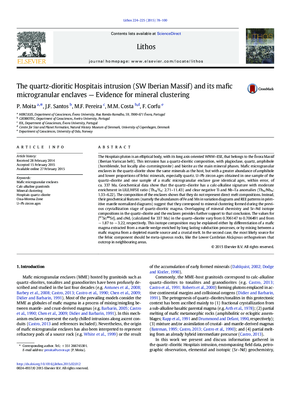 The quartz-dioritic Hospitais intrusion (SW Iberian Massif) and its mafic microgranular enclaves — Evidence for mineral clustering