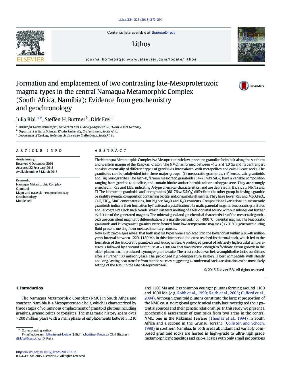 Formation and emplacement of two contrasting late-Mesoproterozoic magma types in the central Namaqua Metamorphic Complex (South Africa, Namibia): Evidence from geochemistry and geochronology