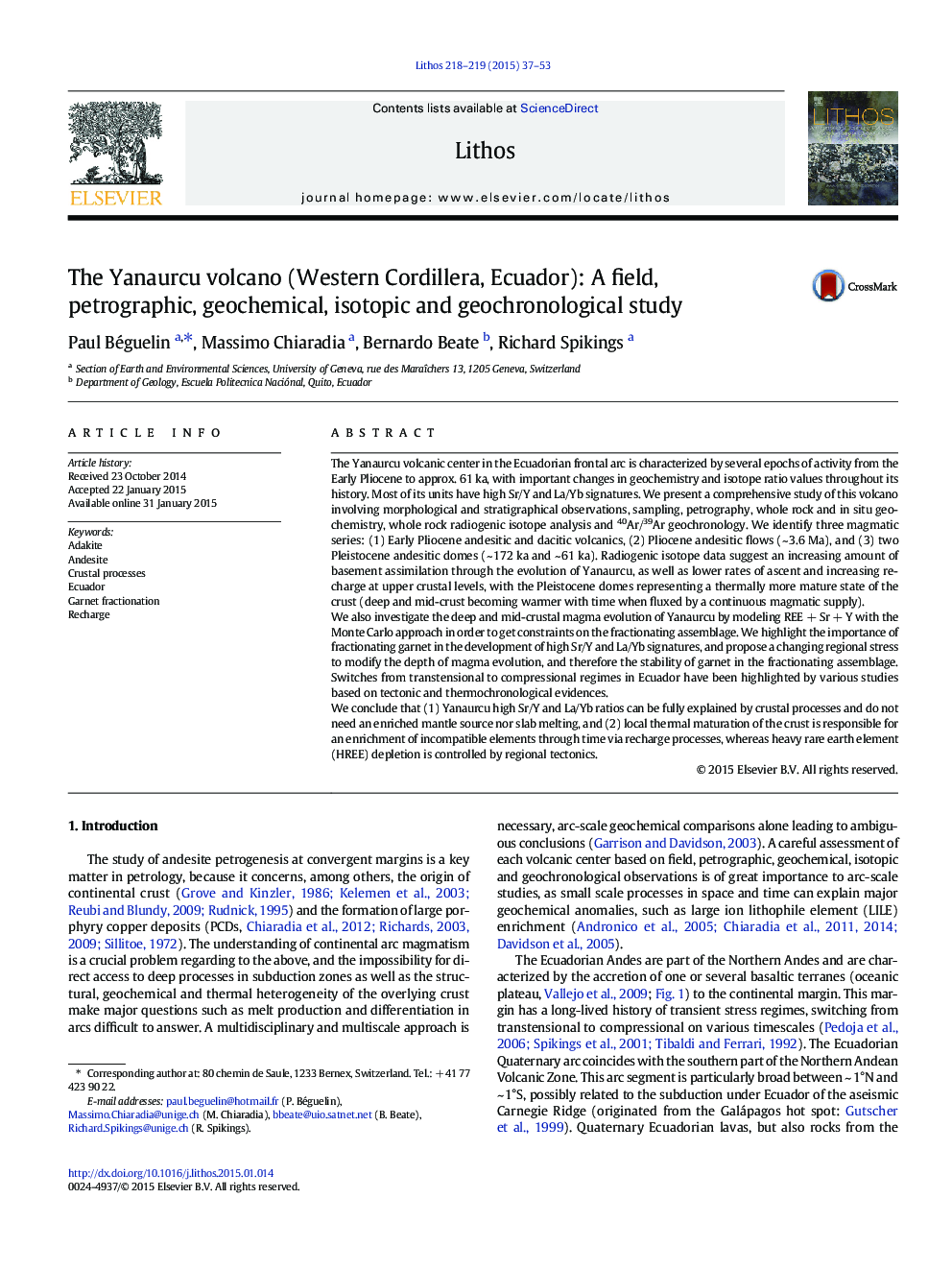 The Yanaurcu volcano (Western Cordillera, Ecuador): A field, petrographic, geochemical, isotopic and geochronological study