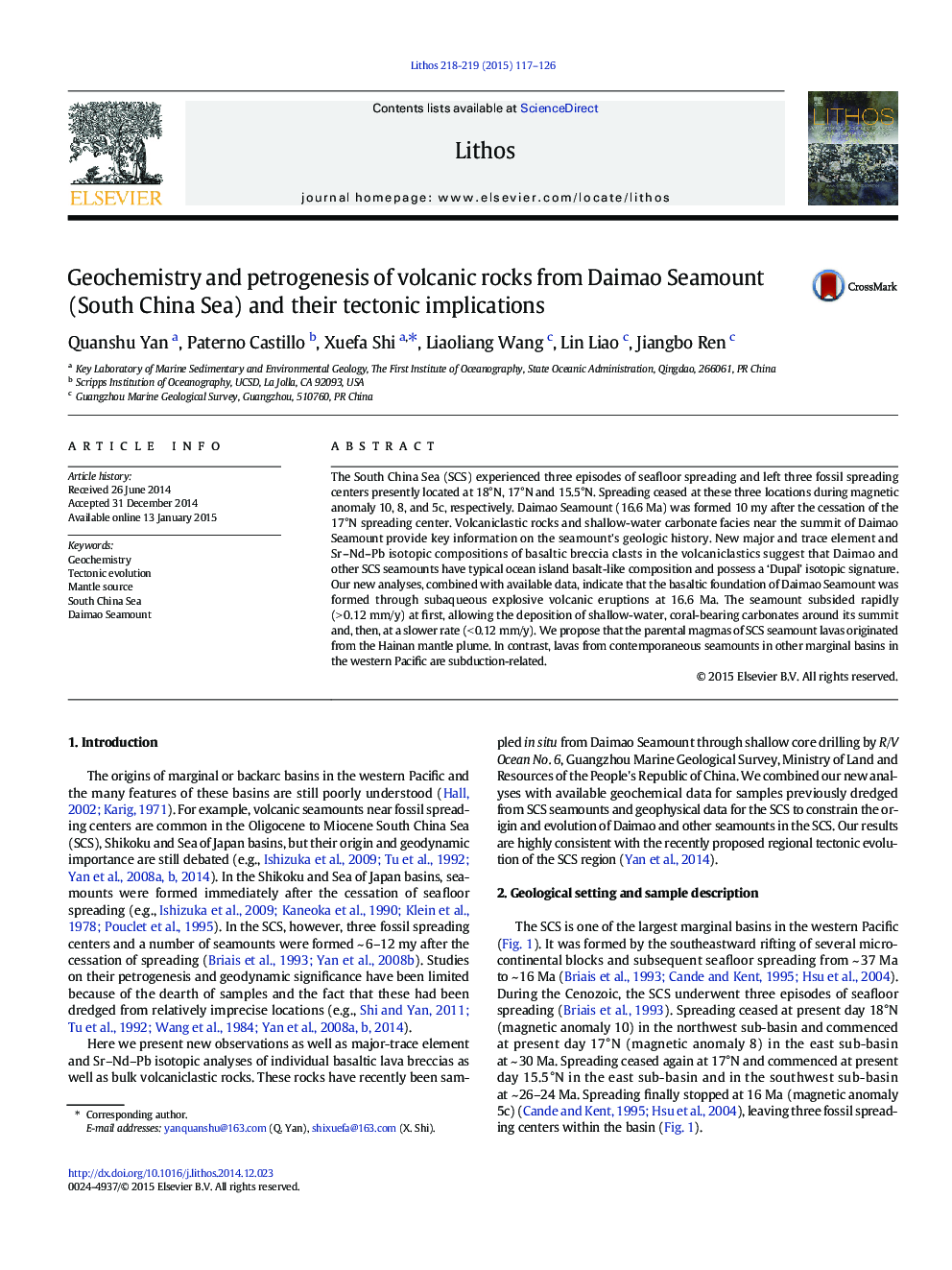 Geochemistry and petrogenesis of volcanic rocks from Daimao Seamount (South China Sea) and their tectonic implications