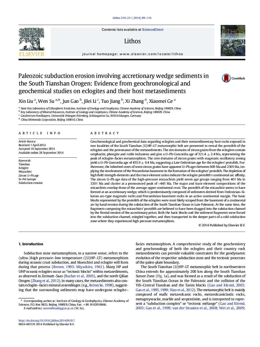 Paleozoic subduction erosion involving accretionary wedge sediments in the South Tianshan Orogen: Evidence from geochronological and geochemical studies on eclogites and their host metasediments