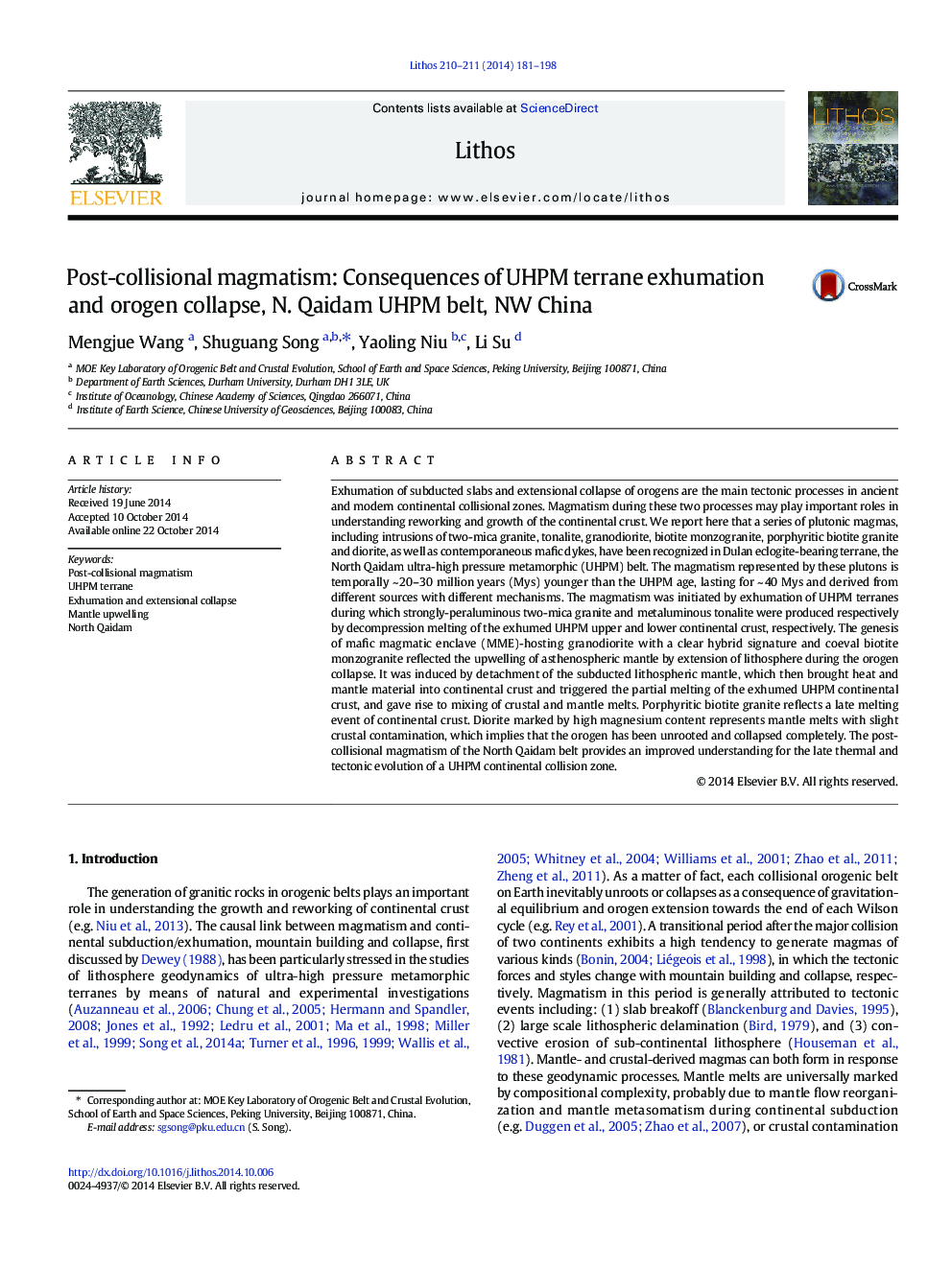 Post-collisional magmatism: Consequences of UHPM terrane exhumation and orogen collapse, N. Qaidam UHPM belt, NW China