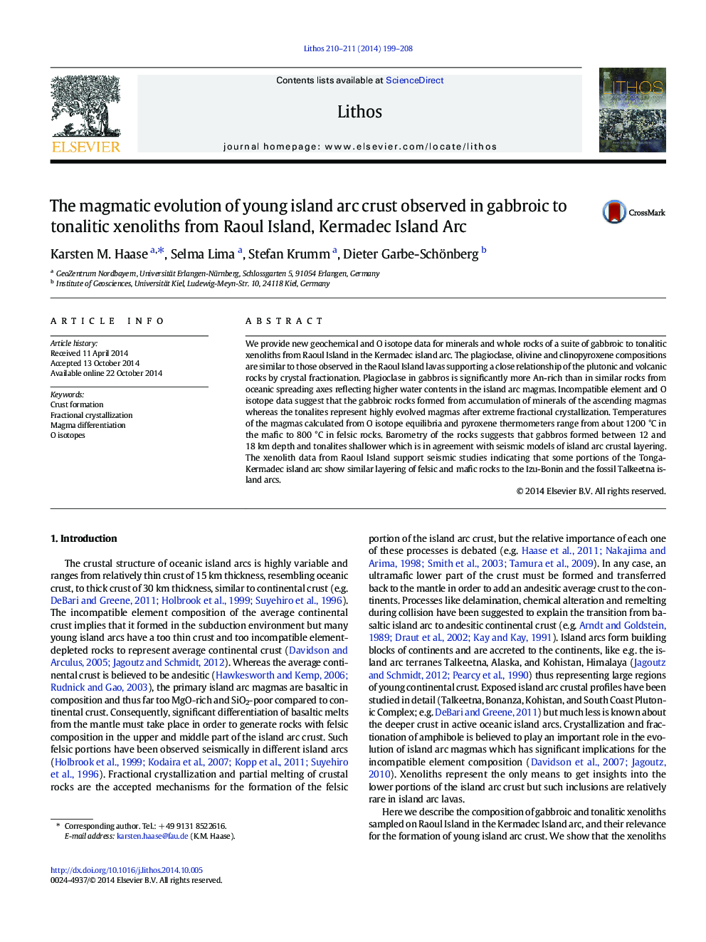 The magmatic evolution of young island arc crust observed in gabbroic to tonalitic xenoliths from Raoul Island, Kermadec Island Arc