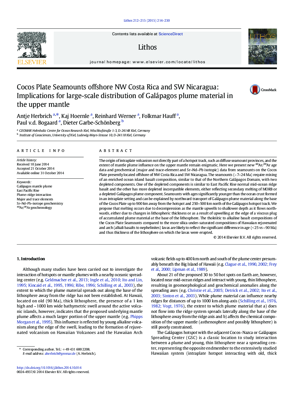 عکس صفحه اول مقاله: Cocos Plate Seamounts offshore NW Costa Rica and SW Nicaragua: Implications for large-scale distribution of Galápagos plume material in the upper mantle Cocos Plate Seamounts offshore NW Costa Rica and SW Nicaragua: Implications for large-scale distribution of Galápagos plume material in the upper mantle