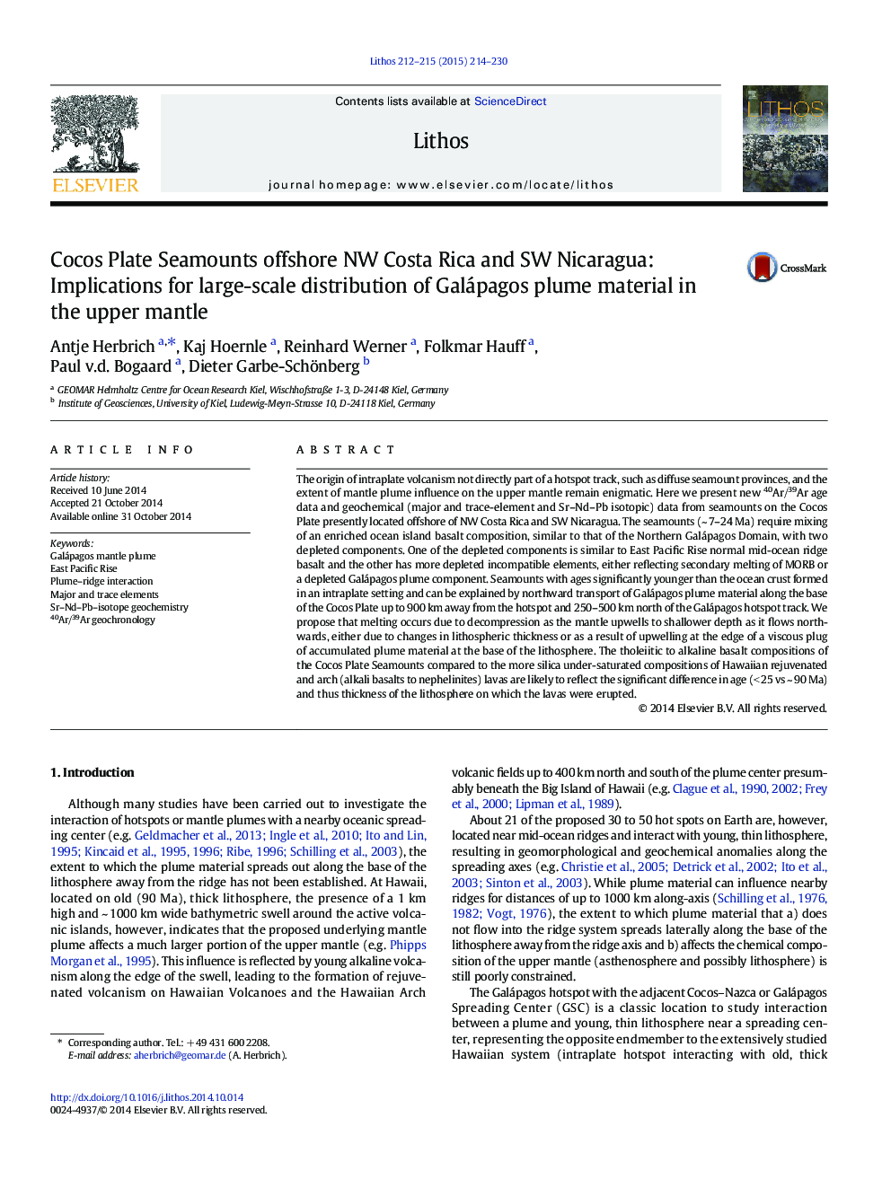 Cocos Plate Seamounts offshore NW Costa Rica and SW Nicaragua: Implications for large-scale distribution of Galápagos plume material in the upper mantle