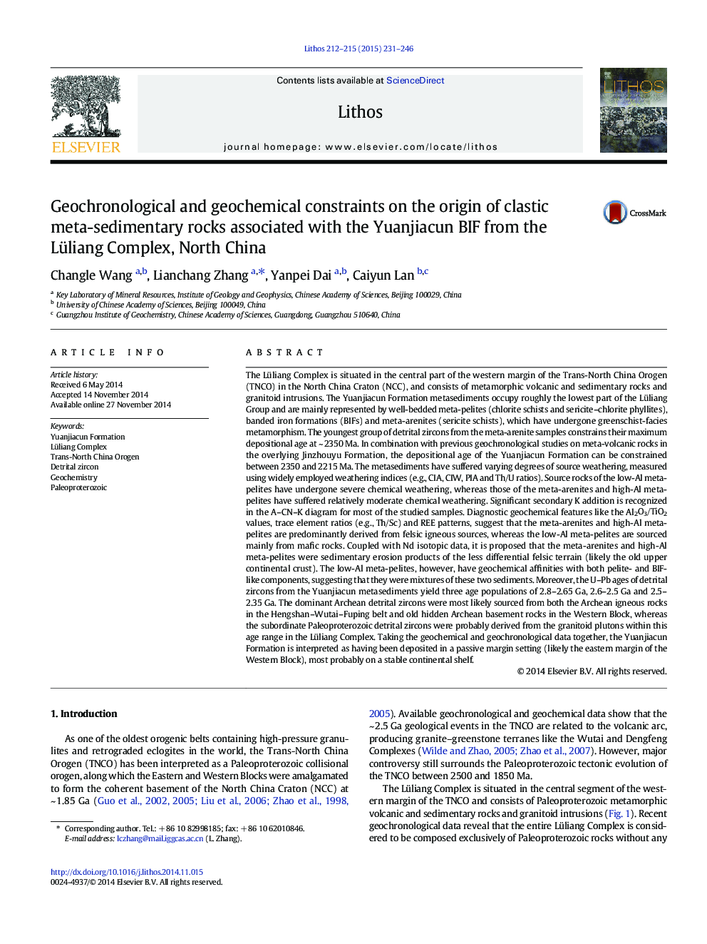 Geochronological and geochemical constraints on the origin of clastic meta-sedimentary rocks associated with the Yuanjiacun BIF from the Lüliang Complex, North China