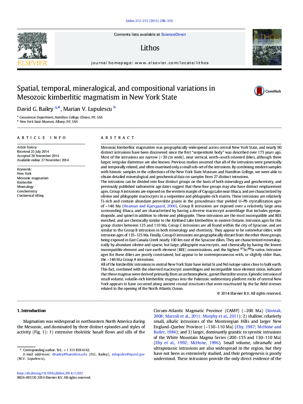 تغییرات فضایی، زمانی، کانی شناسی و ترکیبات ماگماتیسم کیمبرلیتی مزوزوئیک در ایالت نیویورک 