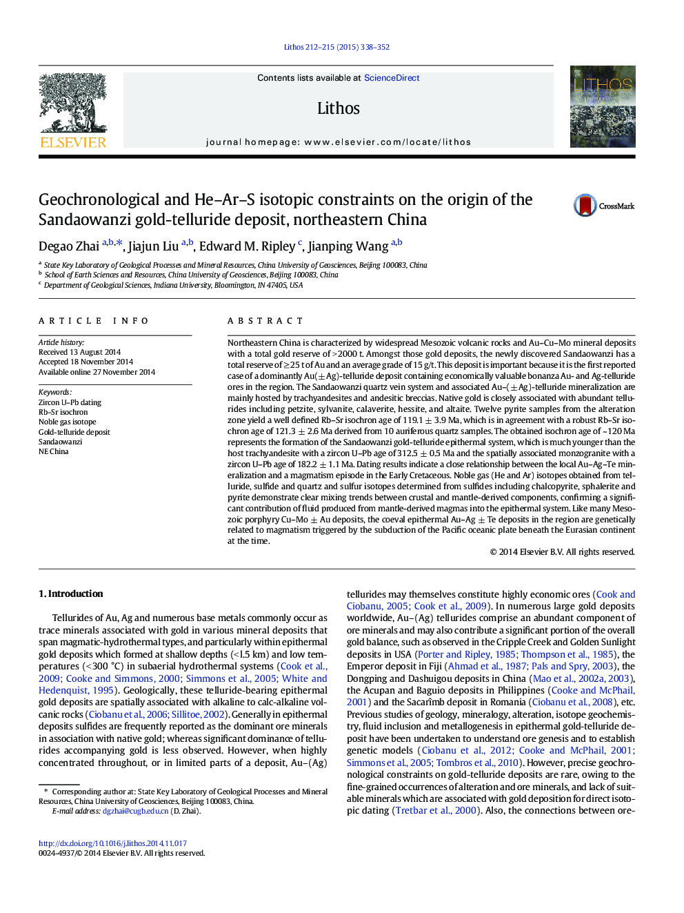 Geochronological and He–Ar–S isotopic constraints on the origin of the Sandaowanzi gold-telluride deposit, northeastern China