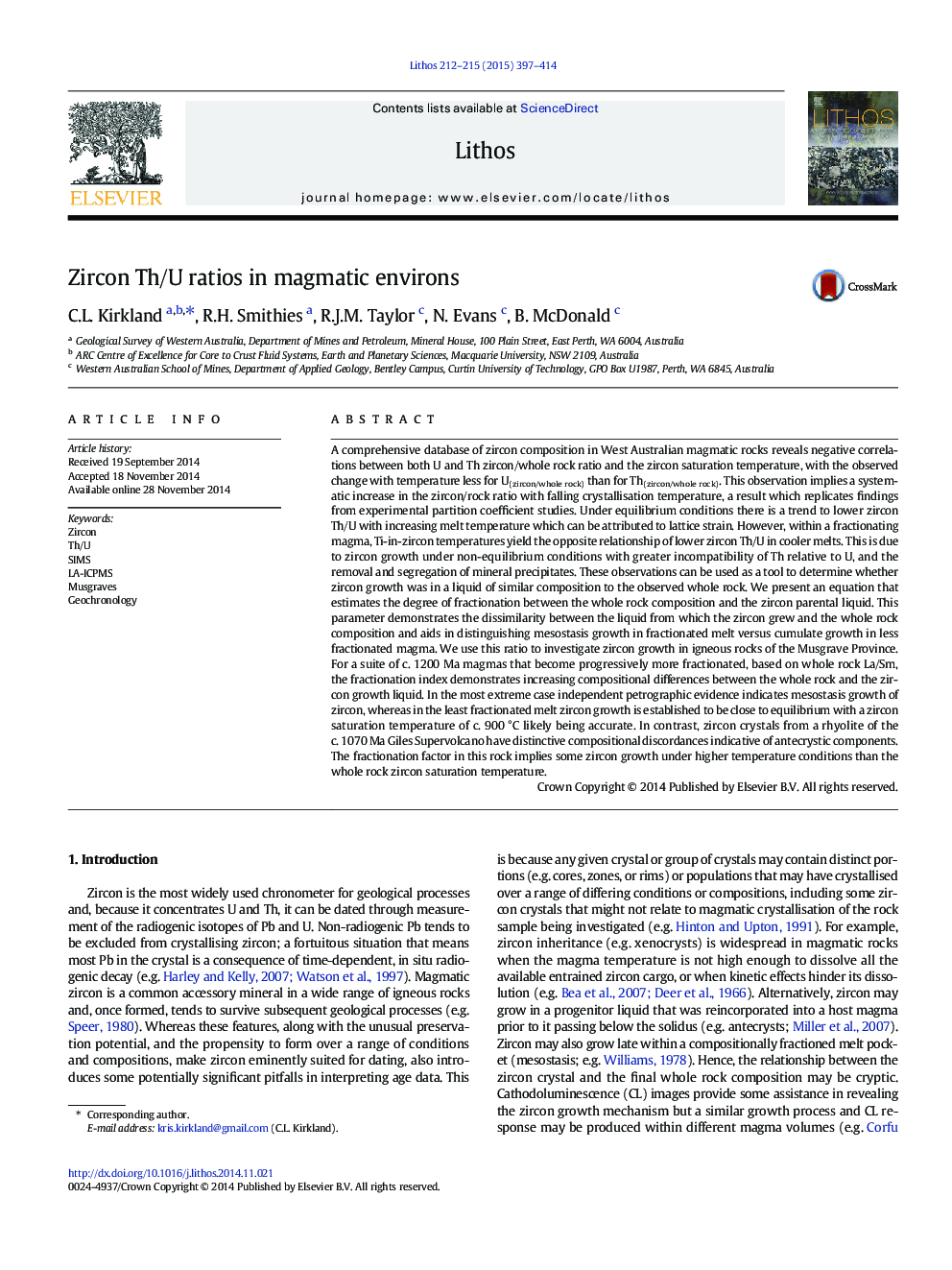 Zircon Th/U ratios in magmatic environs