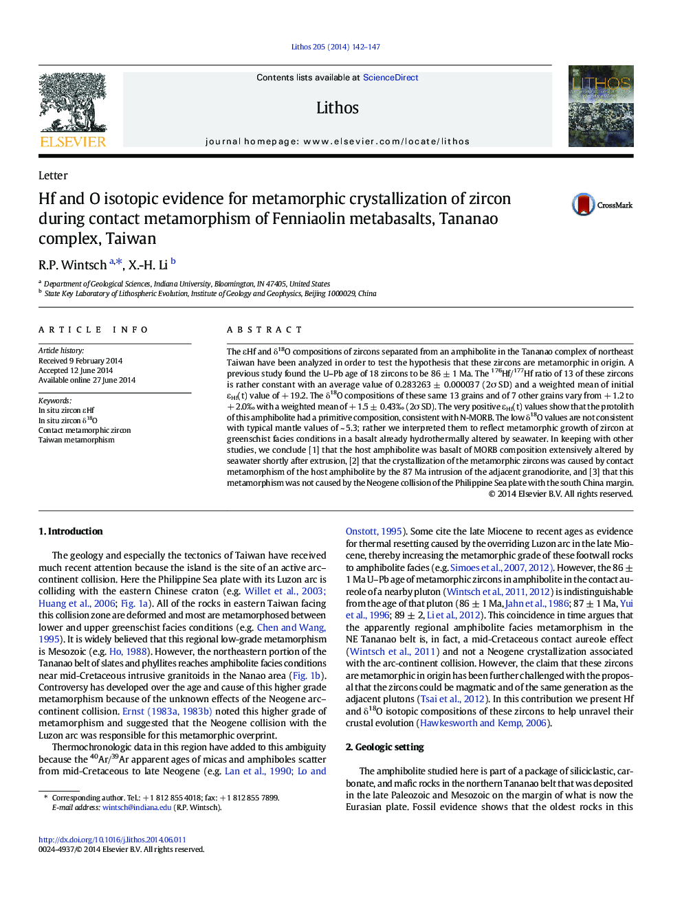 Hf and O isotopic evidence for metamorphic crystallization of zircon during contact metamorphism of Fenniaolin metabasalts, Tananao complex, Taiwan