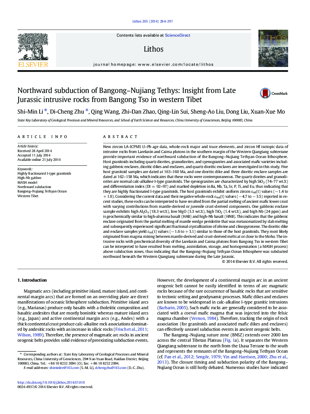 Northward subduction of Bangong–Nujiang Tethys: Insight from Late Jurassic intrusive rocks from Bangong Tso in western Tibet