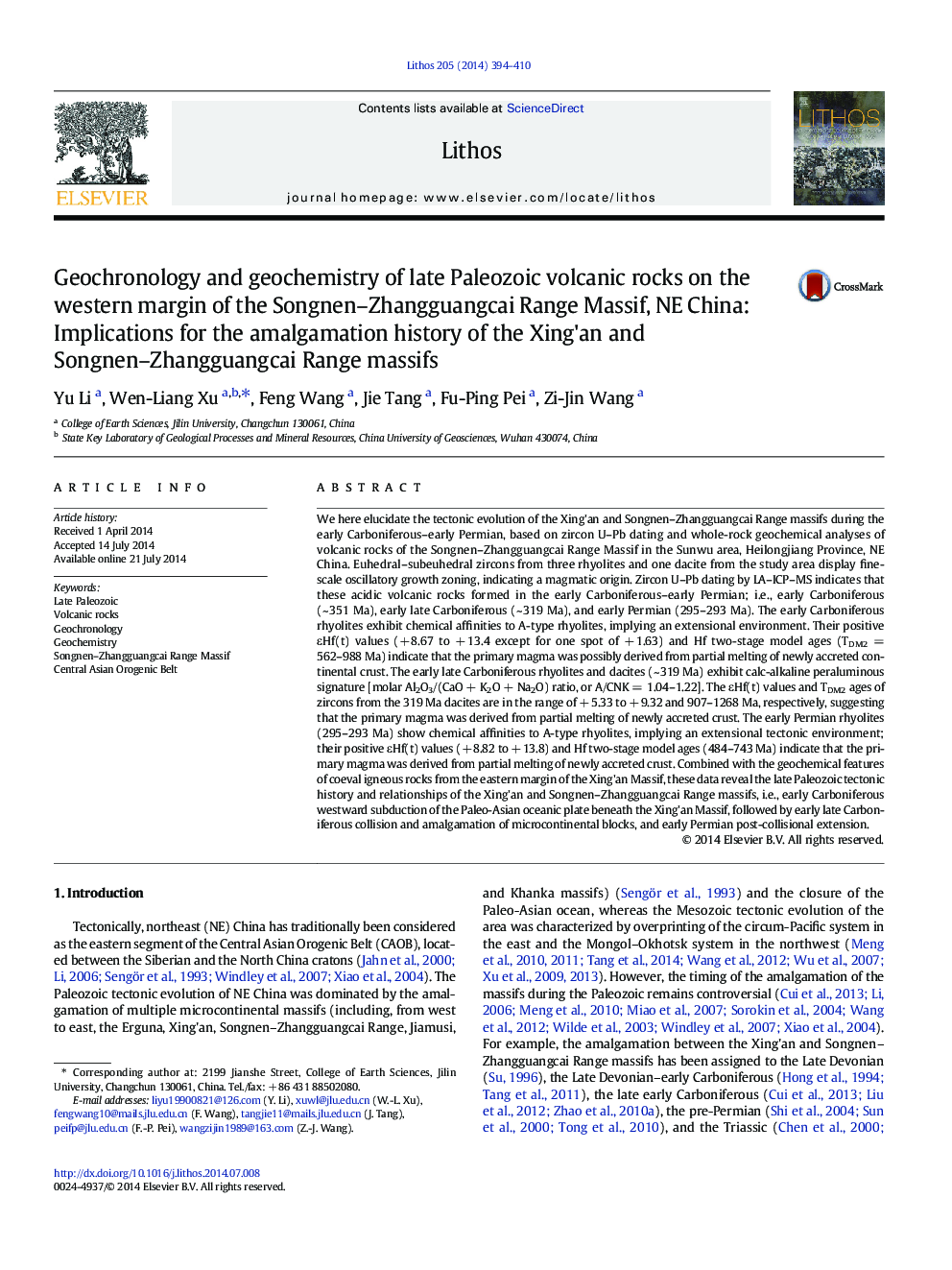 Geochronology and geochemistry of late Paleozoic volcanic rocks on the western margin of the Songnen–Zhangguangcai Range Massif, NE China: Implications for the amalgamation history of the Xing'an and Songnen–Zhangguangcai Range massifs