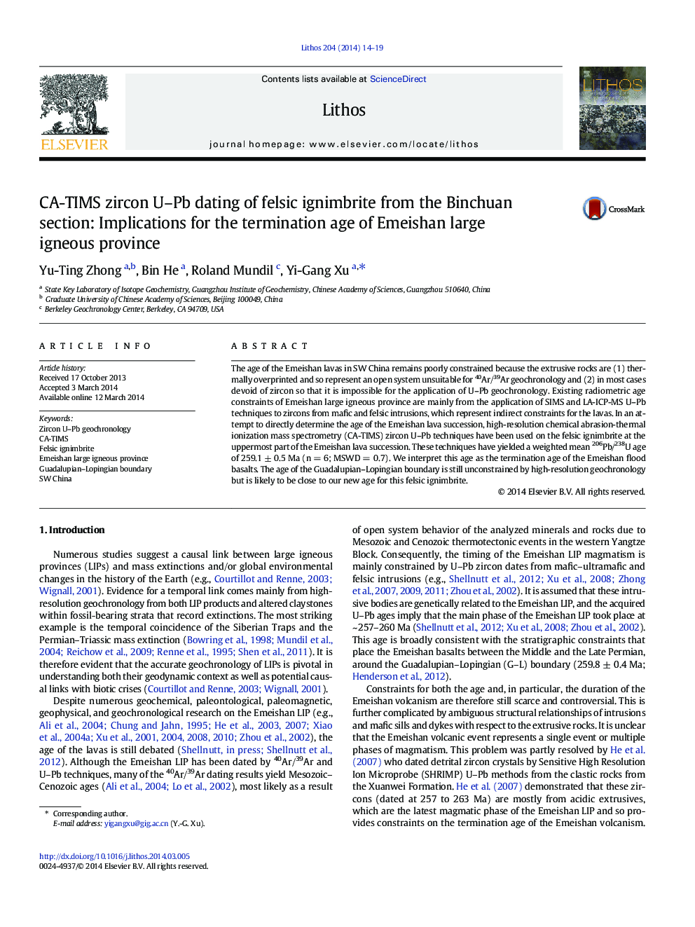 CA-TIMS zircon U–Pb dating of felsic ignimbrite from the Binchuan section: Implications for the termination age of Emeishan large igneous province