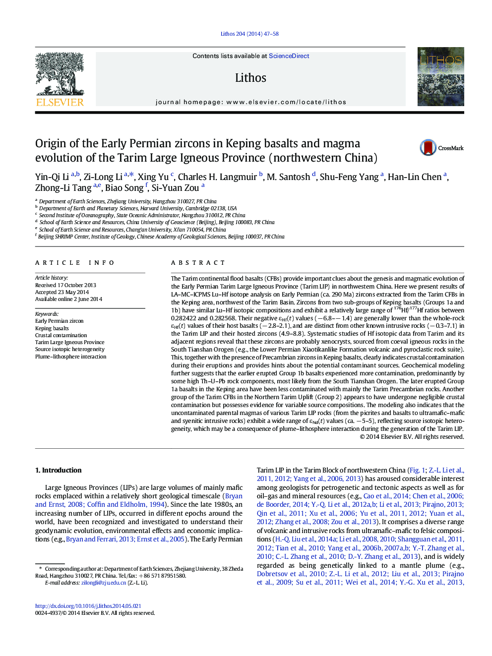 Origin of the Early Permian zircons in Keping basalts and magma evolution of the Tarim Large Igneous Province (northwestern China)