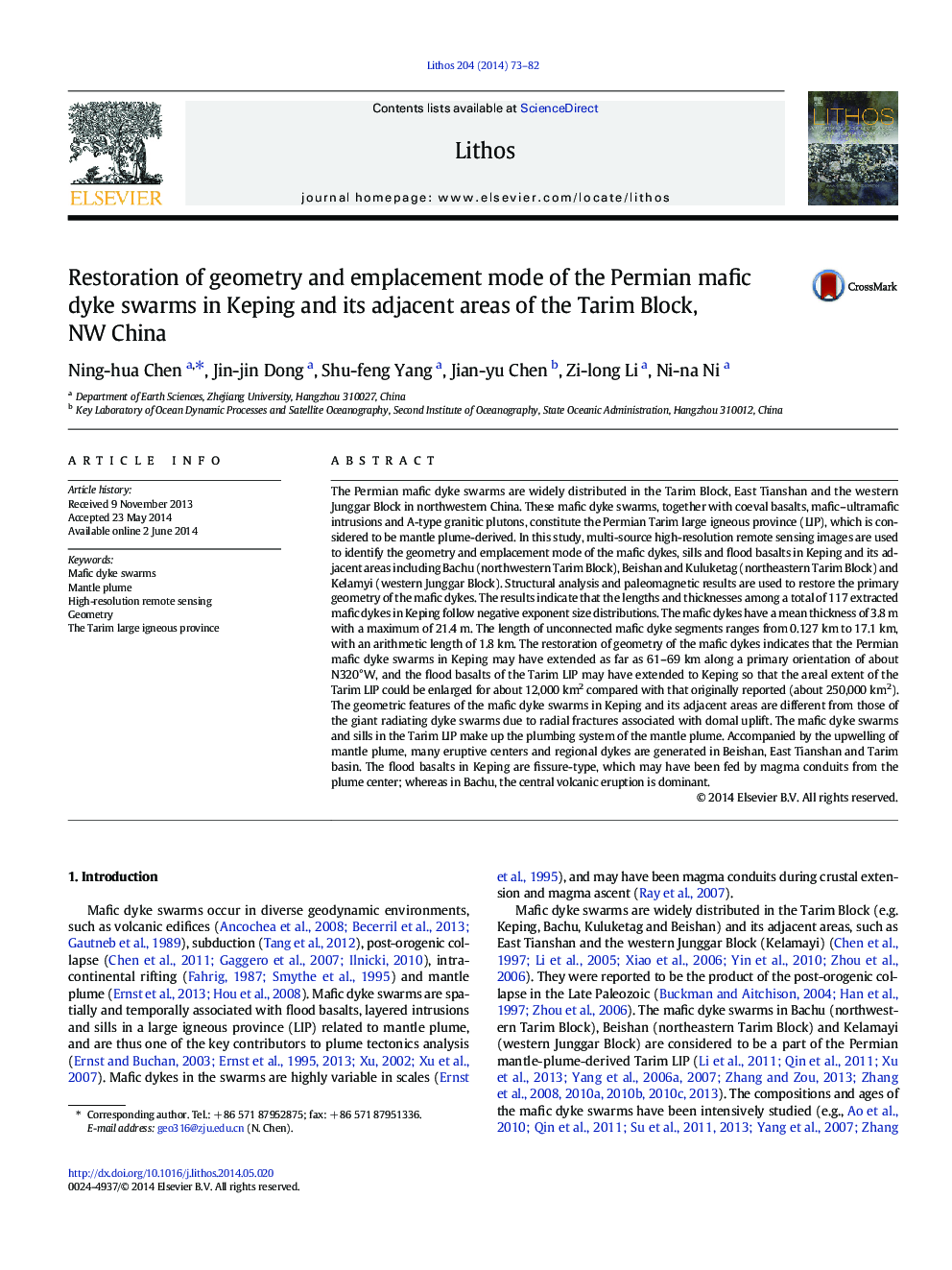 Restoration of geometry and emplacement mode of the Permian mafic dyke swarms in Keping and its adjacent areas of the Tarim Block, NW China