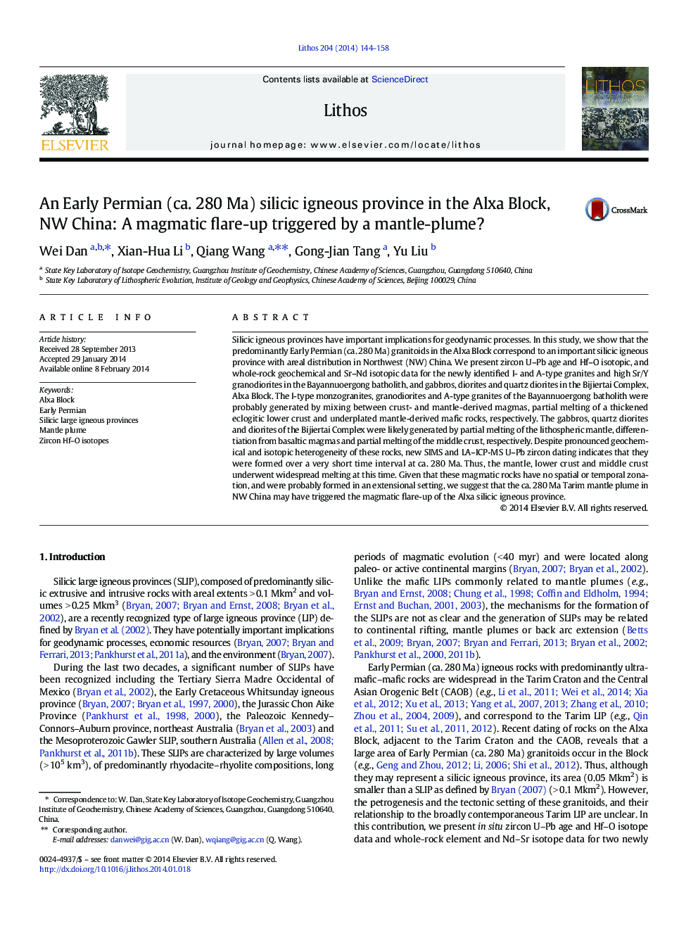 An Early Permian (ca. 280 Ma) silicic igneous province in the Alxa Block, NW China: A magmatic flare-up triggered by a mantle-plume?