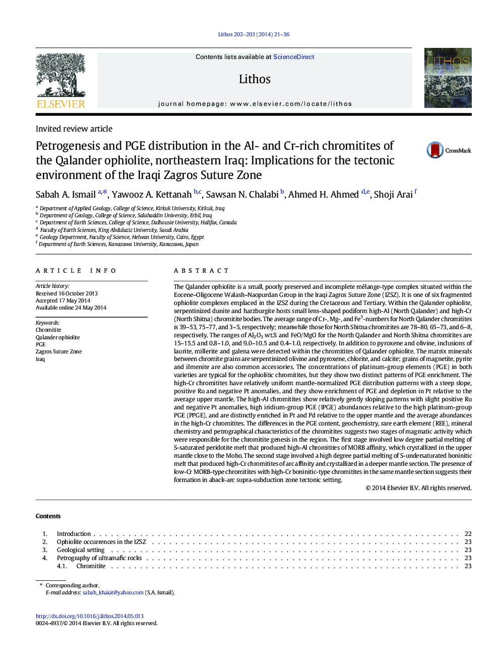 Petrogenesis and PGE distribution in the Al- and Cr-rich chromitites of the Qalander ophiolite, northeastern Iraq: Implications for the tectonic environment of the Iraqi Zagros Suture Zone