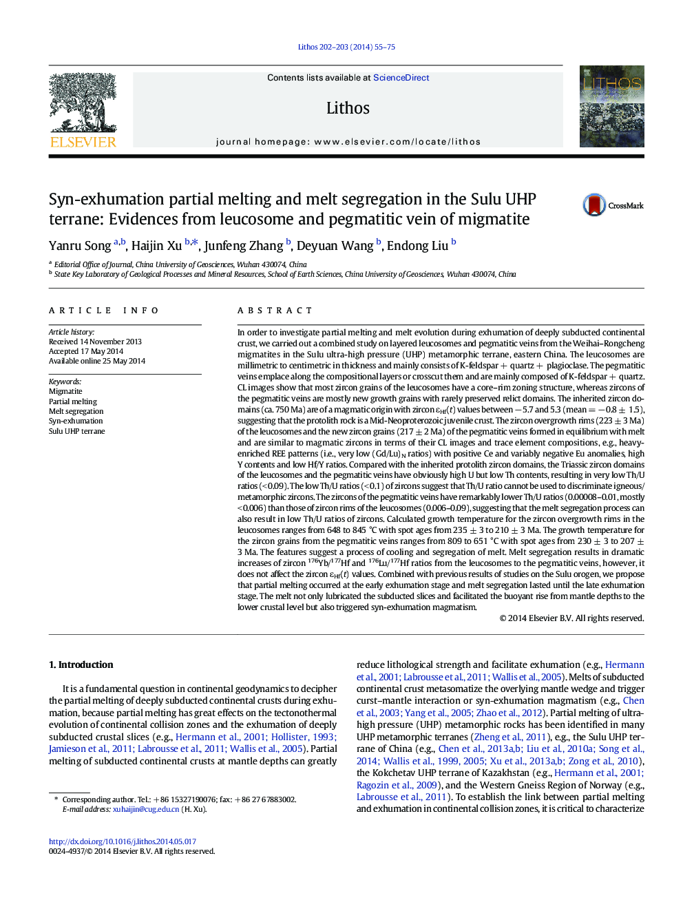 Syn-exhumation partial melting and melt segregation in the Sulu UHP terrane: Evidences from leucosome and pegmatitic vein of migmatite