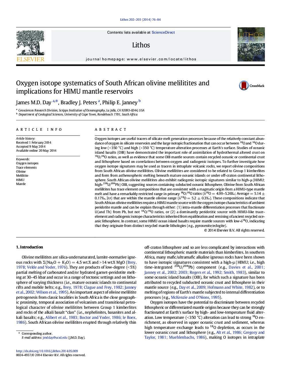 Oxygen isotope systematics of South African olivine melilitites and implications for HIMU mantle reservoirs