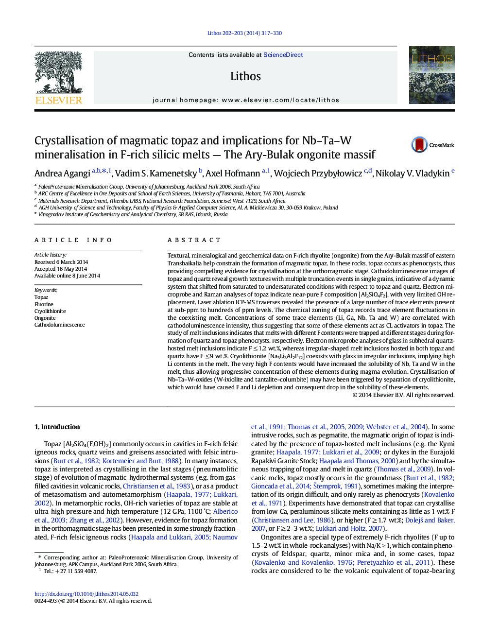 Crystallisation of magmatic topaz and implications for Nb–Ta–W mineralisation in F-rich silicic melts — The Ary-Bulak ongonite massif