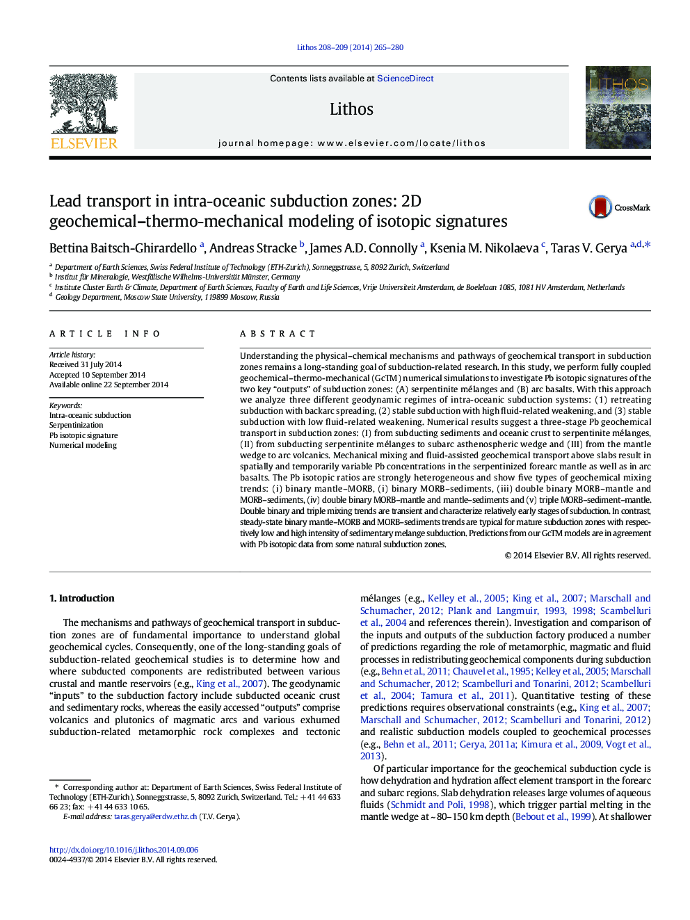 Lead transport in intra-oceanic subduction zones: 2D geochemical–thermo-mechanical modeling of isotopic signatures