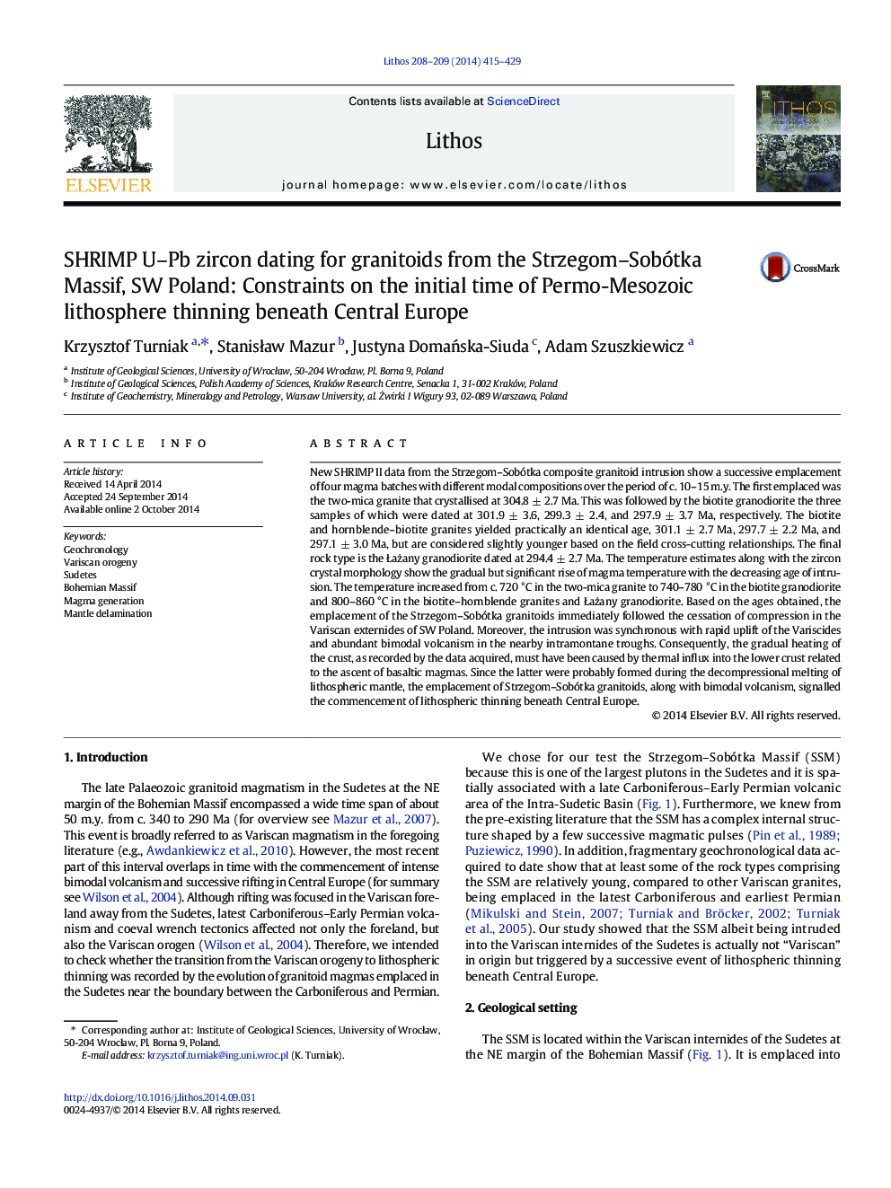 SHRIMP U–Pb zircon dating for granitoids from the Strzegom–Sobótka Massif, SW Poland: Constraints on the initial time of Permo-Mesozoic lithosphere thinning beneath Central Europe