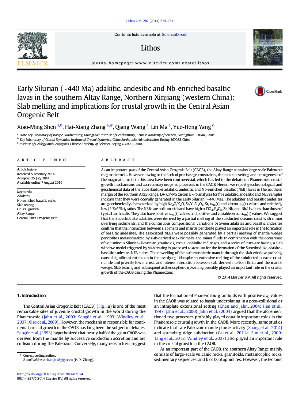 Early Silurian (~ 440 Ma) adakitic, andesitic and Nb-enriched basaltic lavas in the southern Altay Range, Northern Xinjiang (western China): Slab melting and implications for crustal growth in the Central Asian Orogenic Belt