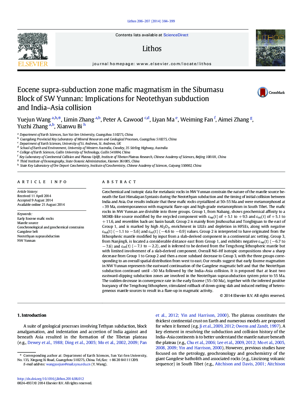 Eocene supra-subduction zone mafic magmatism in the Sibumasu Block of SW Yunnan: Implications for Neotethyan subduction and India–Asia collision