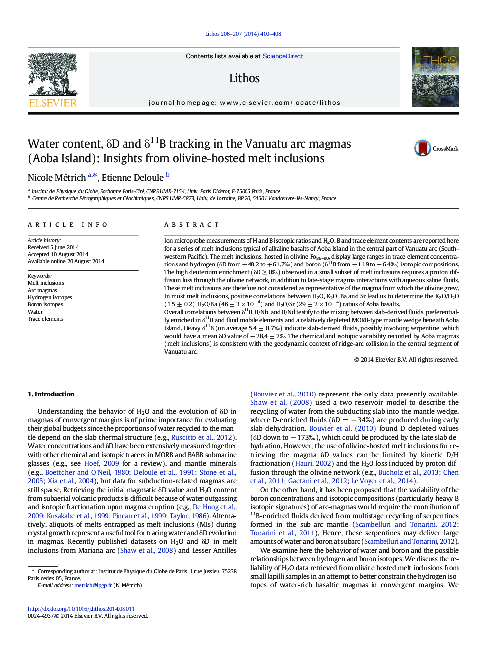 Water content, δD and δ11B tracking in the Vanuatu arc magmas (Aoba Island): Insights from olivine-hosted melt inclusions