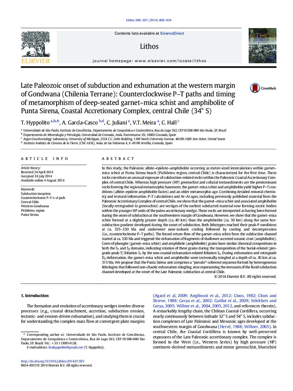 Late Paleozoic onset of subduction and exhumation at the western margin of Gondwana (Chilenia Terrane): Counterclockwise P–T paths and timing of metamorphism of deep-seated garnet–mica schist and amphibolite of Punta Sirena, Coastal Accretionary Complex, 