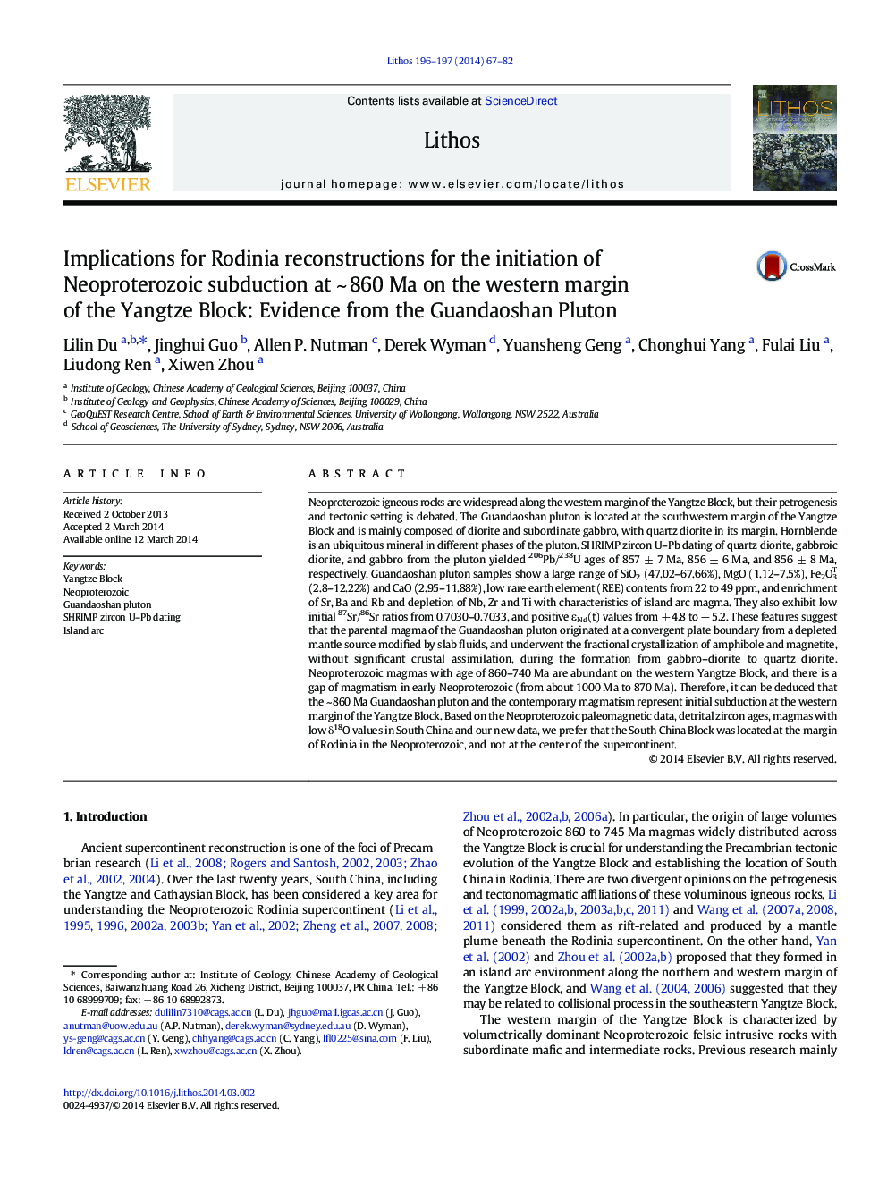 Implications for Rodinia reconstructions for the initiation of Neoproterozoic subduction at ~ 860 Ma on the western margin of the Yangtze Block: Evidence from the Guandaoshan Pluton