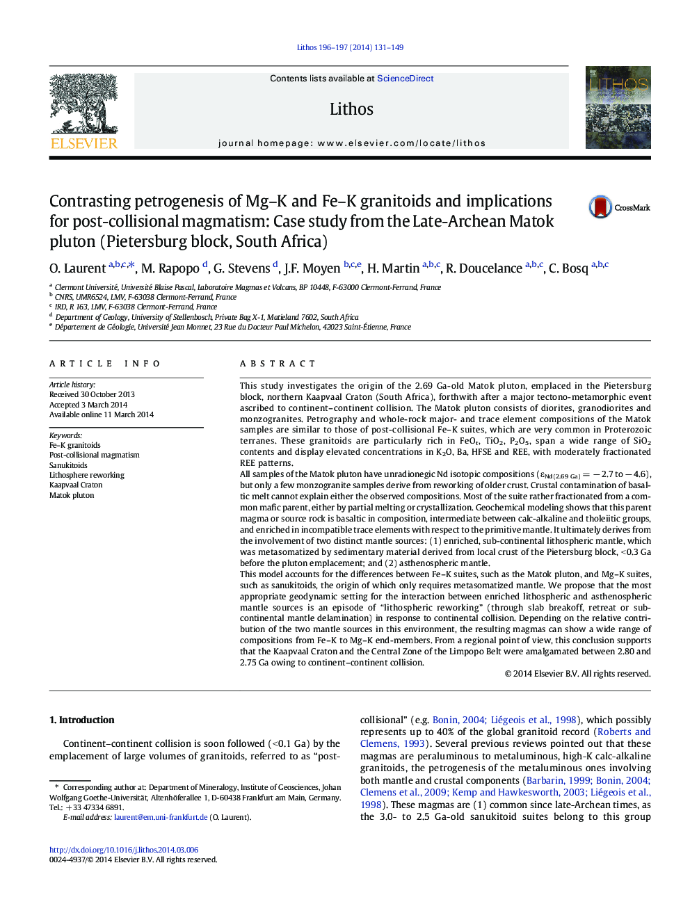 Contrasting petrogenesis of Mg-K and Fe-K granitoids and implications for post-collisional magmatism: Case study from the Late-Archean Matok pluton (Pietersburg block, South Africa)